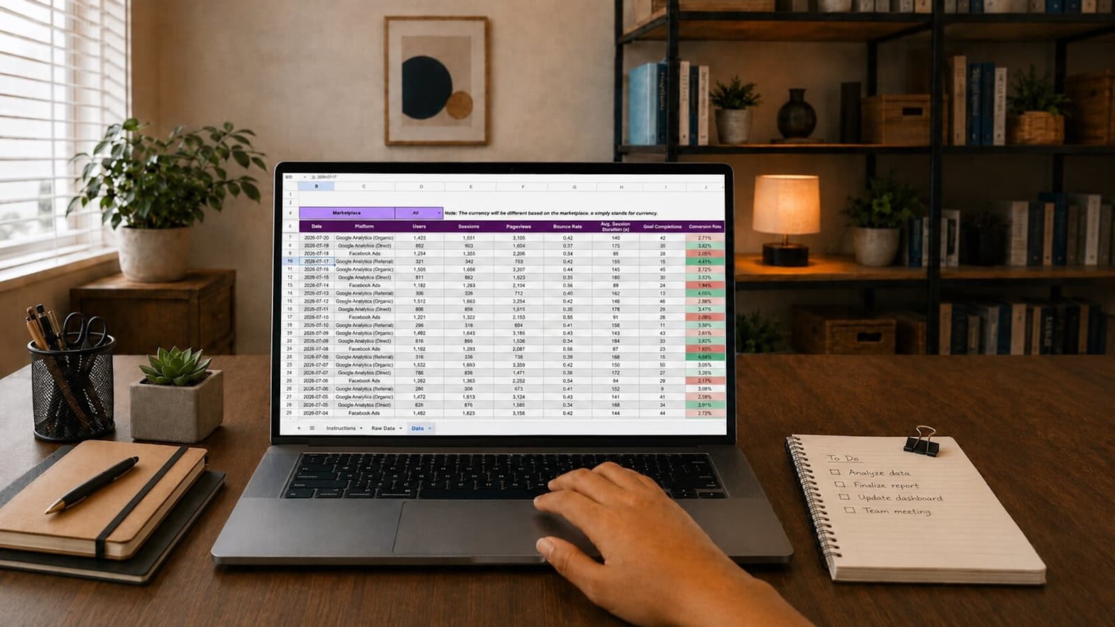 A spreadsheet open on a laptop beside a notebook and pen